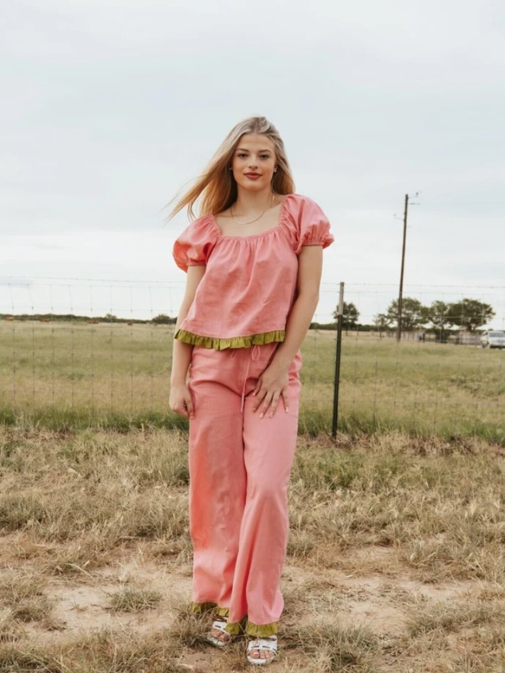 Things Between Pink & Green Ruffle Top & Pants 2pc Set S
